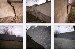 Fotky poškodeného múru a fotky nového oporného múru na cintoríne v časti Stráže