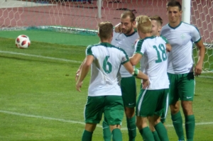 Radosť MFK Skalica v zápase proti FK Poprad po štvrtom góle, ktorý zaznamenal Michal Jakubek.